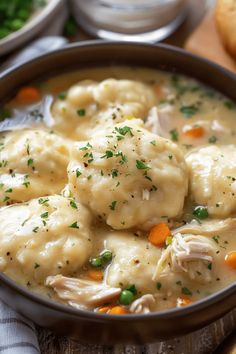 a bowl filled with chicken and dumplings on top of a wooden table next to bread