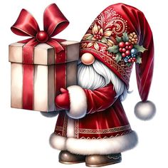 a santa clause holding a large gift box