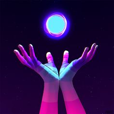 two hands reaching up to the sky with a glowing ball in the air above them