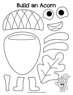 a coloring page with the words build an acorn in front of it and a cartoon character