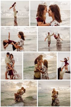 a collage of people standing in the ocean with their arms around each other and kissing