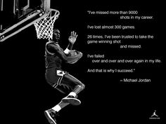 a basketball player dunking the ball in front of an inspirational quote from michael jordan