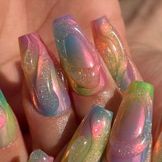 (credit to the original owner) Multicolored Aura Nails, Crazy Colorful Nails, Pastel Galaxy Nails, Swirl Nail Art Designs, Summer Nail Square, Coachella Nails Ideas, Long Colorful Nails, Dopamine Nails, Uv Lamp Nails