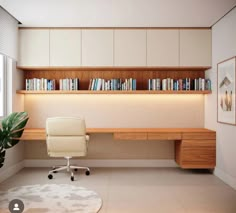 a white chair sitting in front of a desk with bookshelves on top of it