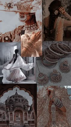 the collage shows many different types of jewelry and accessories, including bracelets, rings, necklaces, earrings, and dresses