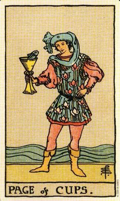 a taroti card with the rider holding a cup and an object in his hand