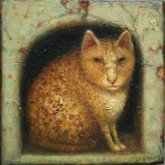 an oil painting of a cat sitting in a window sill with its eyes closed