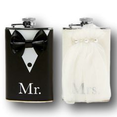 two black and white flasks with a bow tie on them