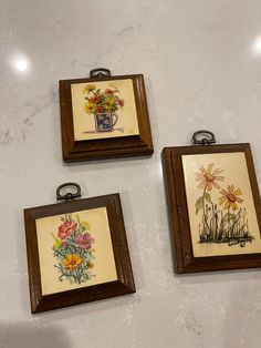 three framed pictures with flowers in them on a table