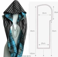 an image of a scarf on a mannequin torso with measurements for the neck