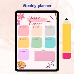 the weekly planner is displayed on a tablet with a pencil and eraser next to it