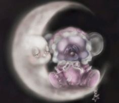 a pink teddy bear sitting on top of a crescent moon with the moon in the background