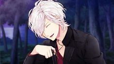 an anime character with white hair and black jacket looking at the camera while holding his hand on his chin