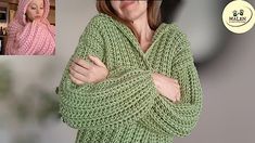 a woman wearing a green knitted sweater and holding her arms crossed in front of her chest