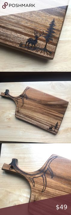 three different types of wooden cutting boards with moose and pine trees on them, one is made out of wood