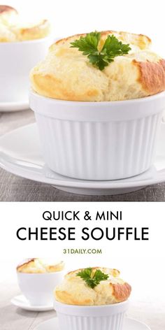 two pictures showing different types of cheese souffle in white dishes with text overlay