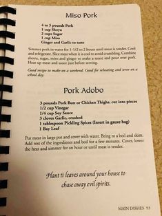 an open menu with instructions for pork adobo