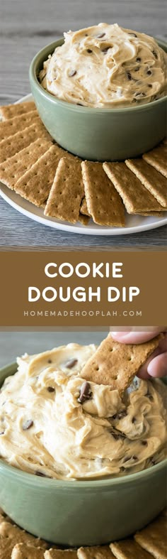 two plates filled with cookies dough dip and crackers