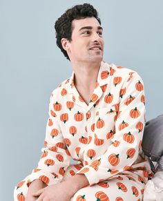 Adult Halloween Flannel Pajama Top Cotton Sleepwear For Sleepover In Fall, Orange Long Sleeve Sleepwear For Sleepover, Orange Long Sleeve Sleepwear, Long Sleeve Orange Sleepwear, Casual Orange Sleepwear For Pajama Party, Orange Long Sleeve Sleepwear For Pajama Party, Casual Orange Sleepwear For Bedtime, Fall Cotton Sleepwear With Relaxed Fit, Relaxed Fit Cotton Sleepwear For Fall