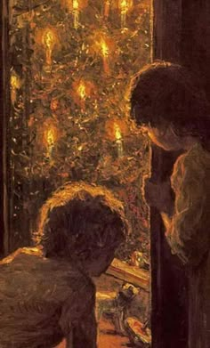 two children are looking out the window at a christmas tree with lights in the background