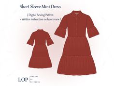 the front and back view of short sleeve mini dress with pleating on the sides