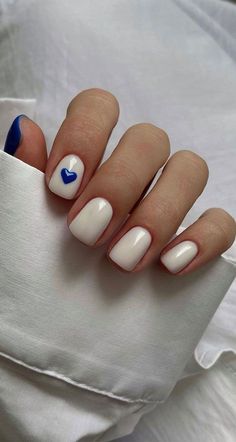 45 Pretty Short Nails For Spring & Summer : Blue Cobalt Heart Milky Nails Short Gel Nails, Her Nails, Casual Nails, Blush Nails, Nails 2023