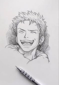 a pencil drawing of a guy smiling with his eyes closed and hair in the air