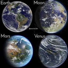 four different planets with the names of them in english and french, including earth, moon, mars, venus