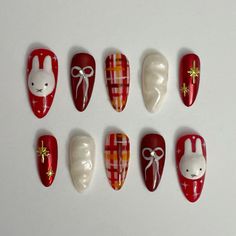 Fall Europe Nails, Vintage Inspired Christmas Nails, Nail Inspo Designs Almond, How To Plaid Nails, Christmas Miffy Nails, Fall Unique Nails, Red Kawaii Nails, Red Miffy Nails, Red Fun Nails