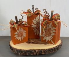 Fall Crafts Dollar Tree, Wood Block Pumpkins, Painted Wood Pumpkins, Dollar Tree Fall Decor, Dollar Tree Fall Decor Diy, Block Pumpkins, Fall Wood Crafts, Fall Pumpkin Crafts, Fall Decor Diy Crafts