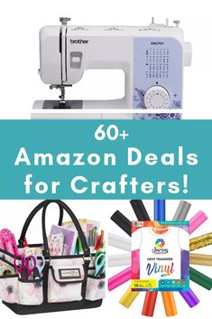 sewing machine with the words 60 + amazon deal for crafters on it and an image of