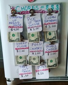 a refrigerator door covered in notes and magnets with bills attached to the front doors