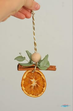 an orange slice hanging from a string with leaves and a ball on it's end