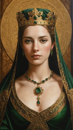 a painting of a woman in green and gold