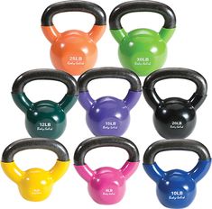 six kettles with different colors and sizes on each one, all in the same color