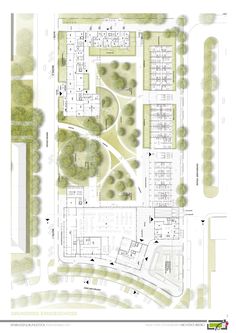 the site plan for an urban park with lots of trees and buildings on each side