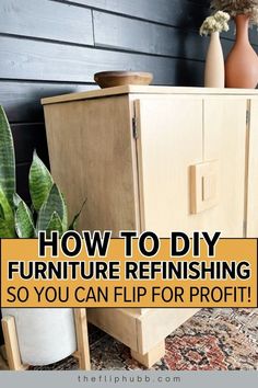 a wooden cabinet sitting on top of a rug next to two vases and a plant