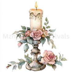 a watercolor painting of a candle with pink roses