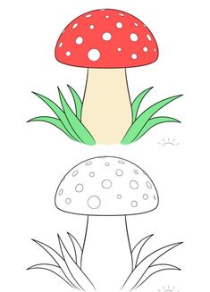 a mushroom sitting on top of grass next to a white background with the words, how to draw a mushroom step by step