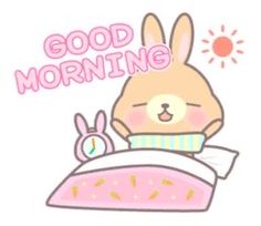 a cartoon bunny is sleeping in bed with the words good morning on it's side