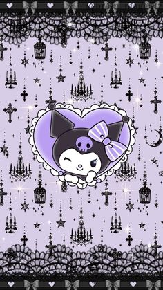 a purple and black cat with a heart on it's head, surrounded by stars