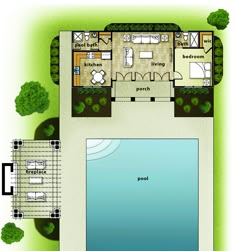 an aerial view of a house with a pool in the middle and lots of greenery around it