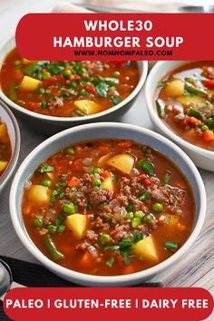 three bowls of whole 30 hamburger soup on a wooden table with text overlay that reads, whole 30 hamburger soup