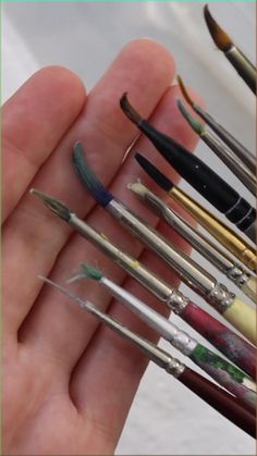 there are many different types of paint brushes in the palm of someone's hand