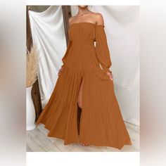 Nwt Color: Caramel Product Details Fabric Type 100% Rayon One Hundred Percent Rayon Care Instructions Machine Wash Origin Imported Closure Type Pull On Country Of Origin China About This Item S=Us 4-6,M=Us 8-10,L=Us 12-14,Xl=Us 16-18. Features: Classic Solid Plain Color, Puff/Lantern Sleeve Dress, Chic Flounce Sleeve, Casual Elastic High Waist, Cute Layer Ruffle Hem, Sexy High Split Design, The Off Shoulder Maxi Dress Greatly Show Your Charming Shoulder And Your Delicate Collarbone. This Flowy M Brown Flowy Maxi Dress With Smocked Bodice, Fitted Brown Maxi Dress With Smocked Back, Brown Solid Color Maxi Dress, Bohemian Off-shoulder Maxi Dress For Fall, Brown Ruched Maxi Dress For Fall, Dress For Family Pictures, Long Flowy Dress, Off Shoulder Maxi Dress, Boho Dresses Long