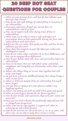 135 Deep Conversation Starters for Couples: Good, Fun, and Funny Ideas!  and 80 Engaging Would You Rather Questions for Couples Deep hot seat questions for couples, Hypothetical questions for boyfriend. Do you want to get to know someone on a deeper level? Here is an ultimate list of deep and fun 20 hot seat questions for couples to get to know better. This list is perfect if you've been looking for deep questions to ask friends, get to know each other questions, and simple questions to know someone better. I've included over 80 questions to ask someone. Check out the full list, I hope you enjoy! Date Night Questions For Married Couples Conversation Starters, Hypothetical Questions For Boyfriend, Talking Phase, Questions To Know Someone, Intimate Questions For Couples, Boyfriend Questions