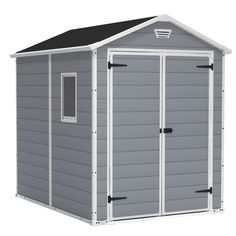 a gray and white shed with the door open to show it's side view