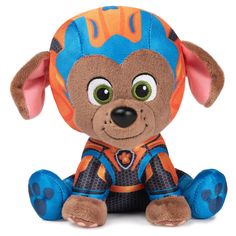 a stuffed animal that is wearing a blue and orange outfit with flames on it's head