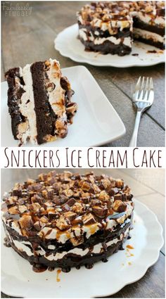 two slices of ice cream cake sitting on top of white plates with chocolate and marshmallows