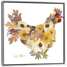 a card with flowers and leaves in the shape of a rooster's head on a white background